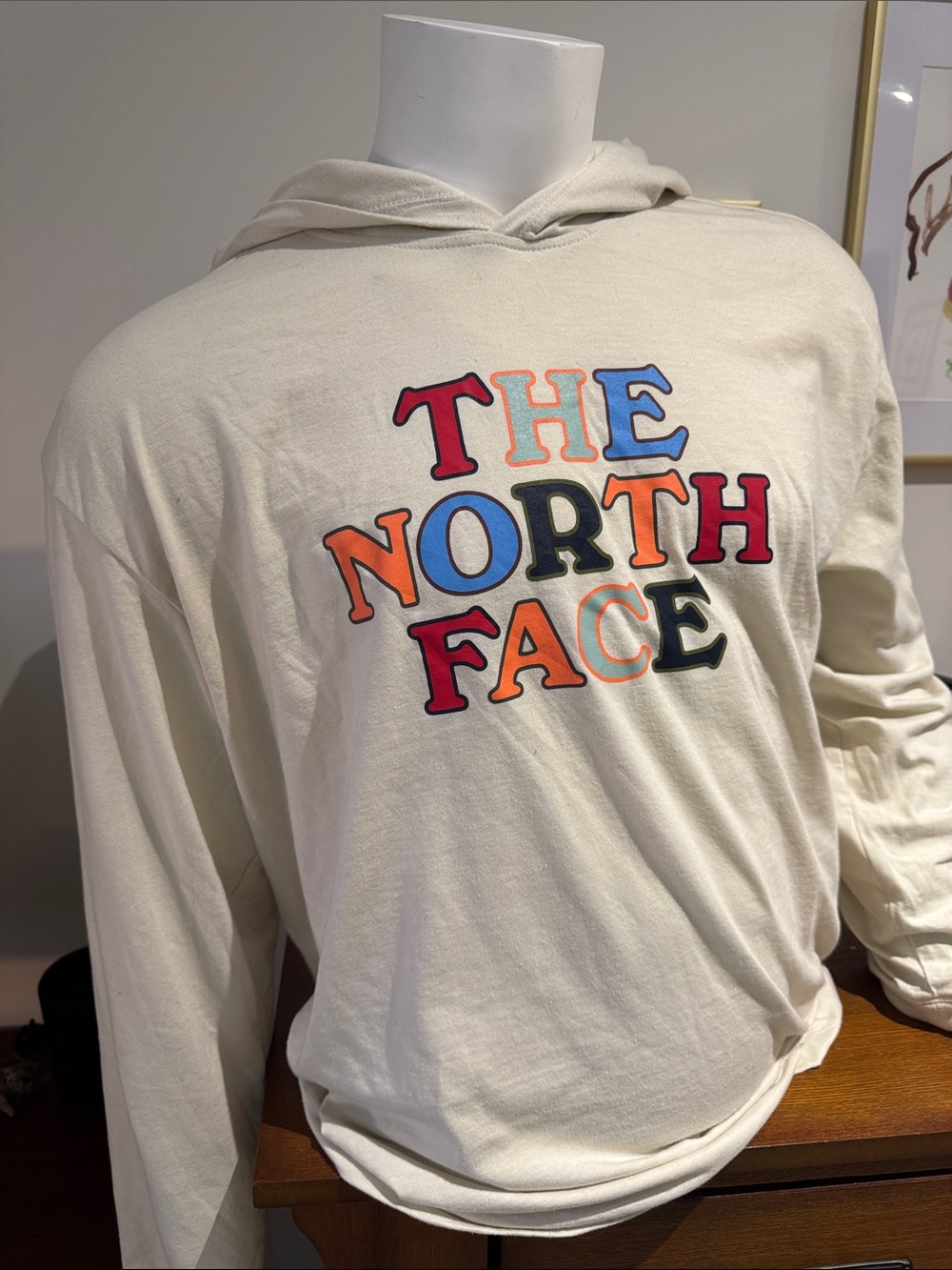 The North Face Men’s Cream Crewneck Hoodie with Multicolor Logo